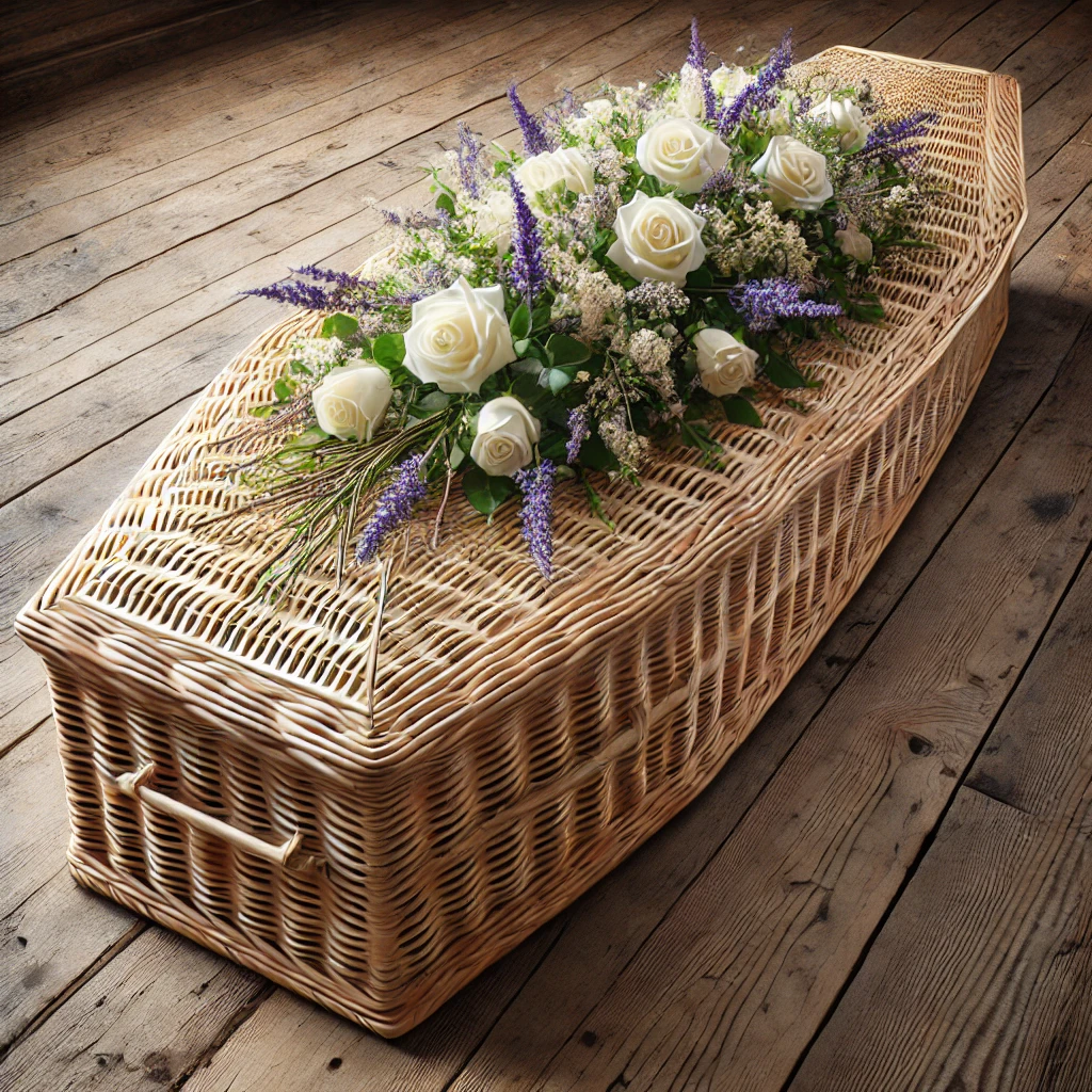 A wicker coffin adorned with white roses and lavender