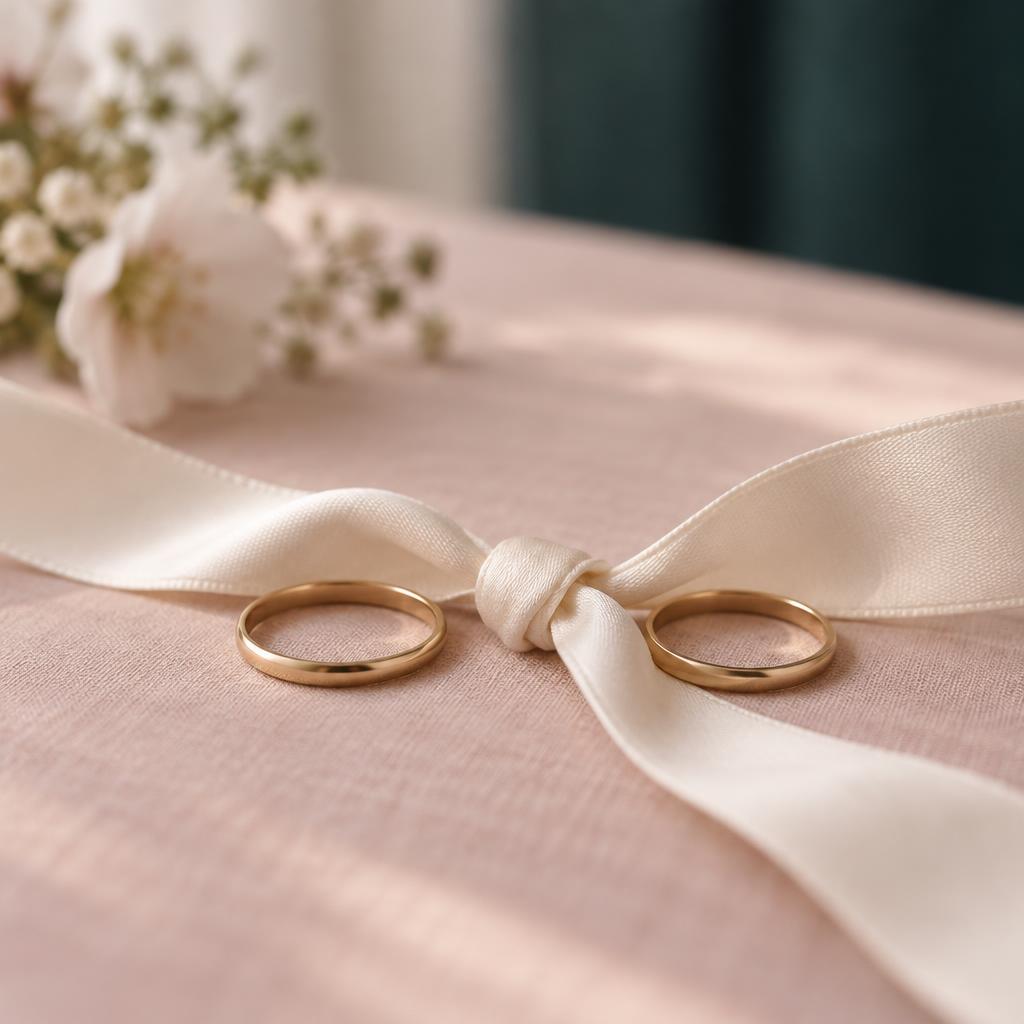Two plain gold wedding rings resting on pale blush linen beside an ivory ribbon tied in a loose knot